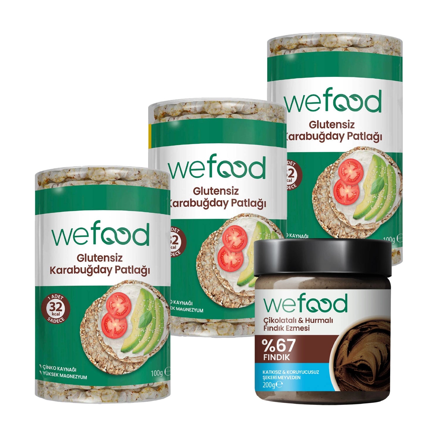 Wefood Çikolatalı Hurmalı Fındık Ezmesi 200 gr + Wefood Glutensiz Karabuğday Patlağı 100 gr 3'lü